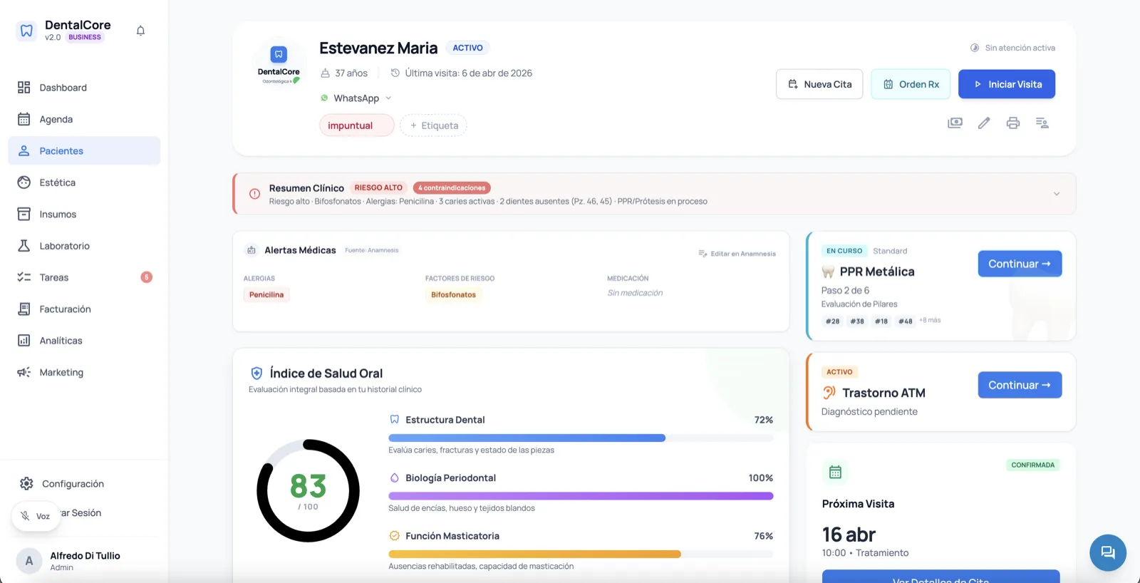 DentalCore dental software interface — patient dashboard with clinical summary, odontogram and treatment plans
